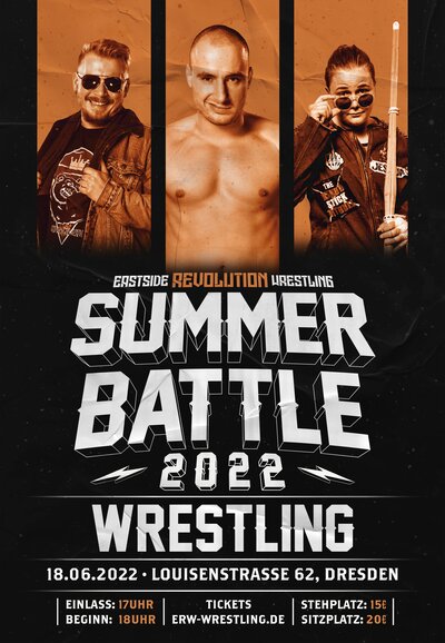 Ankündigungsposter für den Eastside Revolution Wrestling Summer Battle 2022 mit Laurance Roman, Nickolas Kluth und Jessy Jay