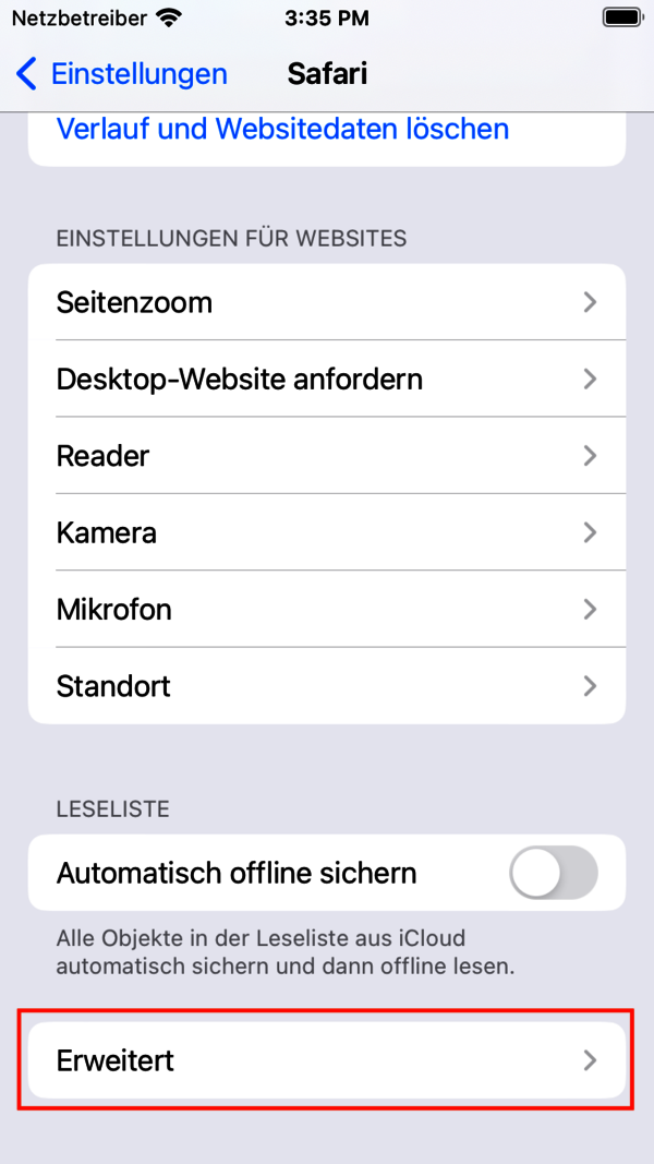Screenshot der iOS 16.4. Einstellungen: Safari: Erweitert