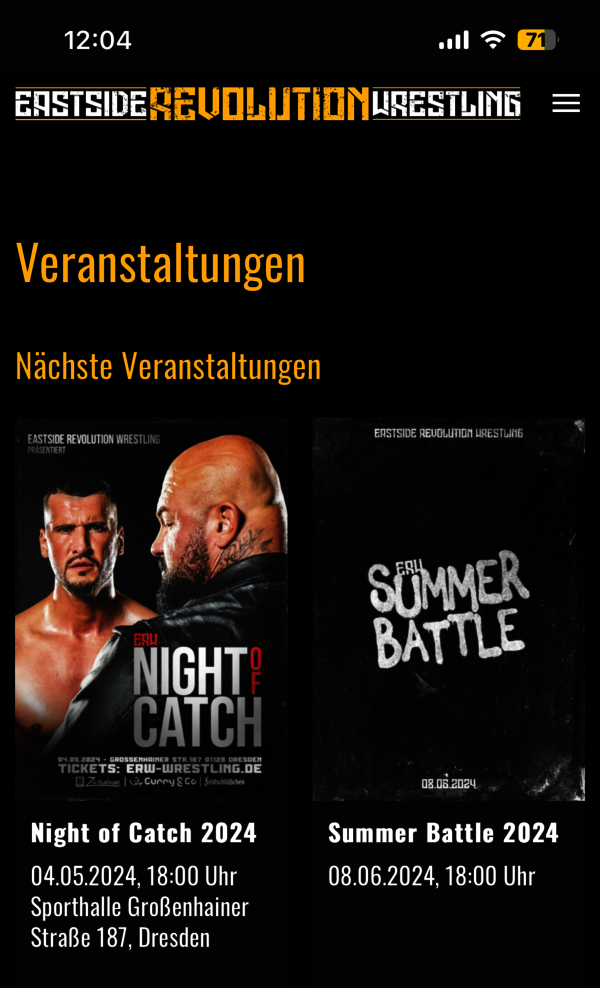 Screenshot der Eastside Revolution Wrestling iOS App im geöffneten Zustand