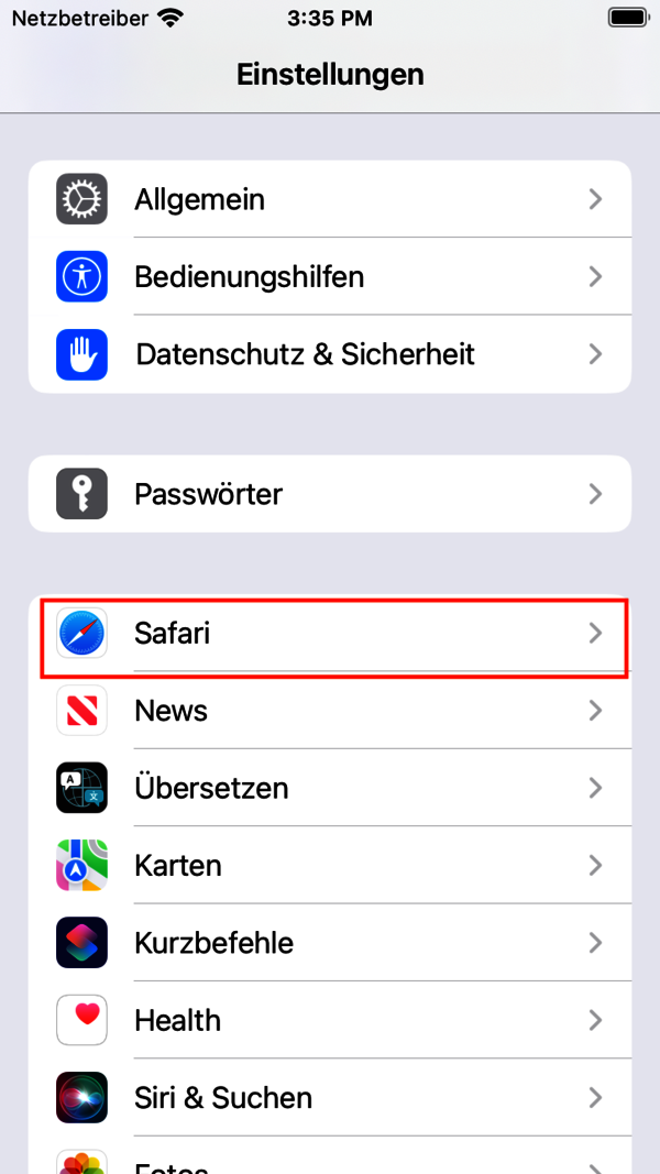 Screenshot der iOS 16.4. Einstellungen: Safari
