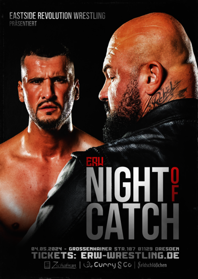 Ankündigungsposter für Eastside Revolution Wrestling Night of Catch 2024 mit dem ERW Champion Bad Bones John Klinger und Erkan Sulcani