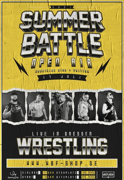 Ankündigungsposter für den Wrestling, Bier und Fritten Summer Battle 2021 mit Bad Bones John Klinger, Crowchester, Zeritus, Fast Time Moodo und Garett Noah