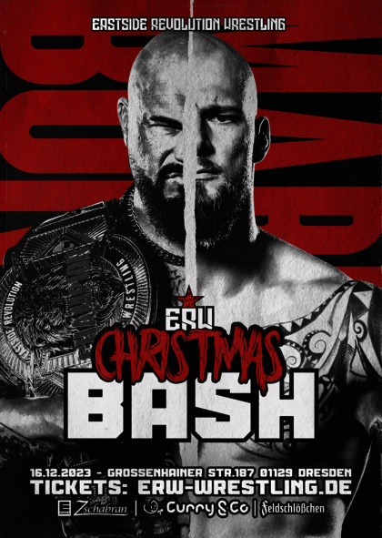 Ankündigungsposter für den Eastside Revolution Wrestling Christmas Bash 2023 mit dem ERW Champion Bad Bones John Klinger und Marius Al-Ani