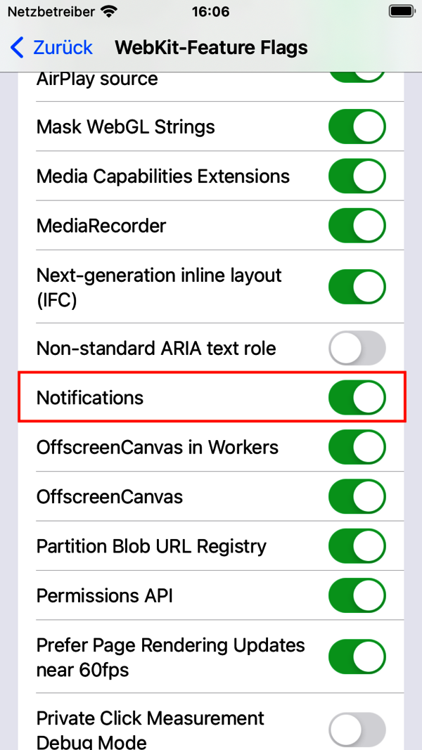 Screenshot der iOS 17+. Einstellungen: Safari: Erweitert: Experimental Features: Notifications