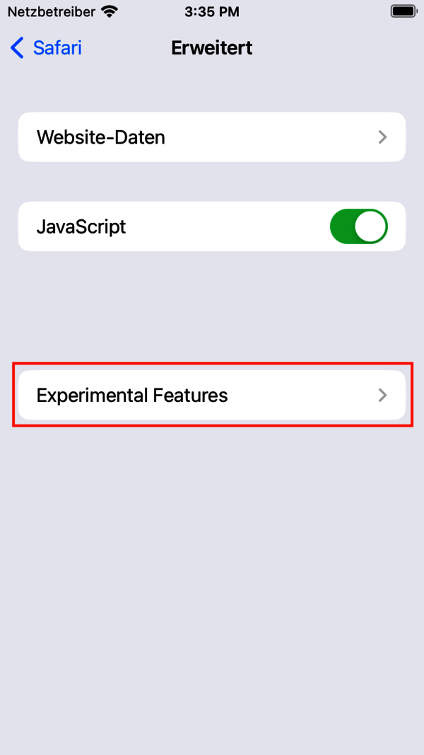 Screenshot der iOS 16.4. Einstellungen: Safari: Erweitert: Experimental Features