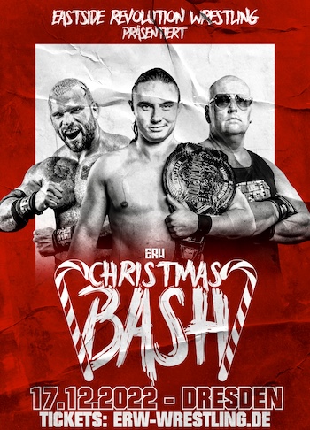 Ankündigungsposter für den Eastside Revolution Wrestling Christmas Bash 2022 mit dem Champion Fast Time Moodo, Mike D Vecchio und Matt Buckna