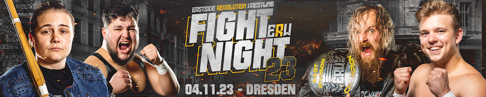 Ankündigungsbanner für die Eastside Revolution Wrestling Fight Night 2023 mit Jessy Jay, Aytac Bahar, East Division Champion Chris Tyson und Nick Schreier